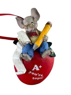 Mouse On Apple Ornament With "A+ Youre Tops" Message 3" Tall Teacher Gift Red Ri